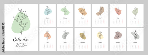 Calendar template for 2024. Vertical design with botanical line art. Natural colors. Editable illustration page template A4, A3, set of 12 months with cover. Vector mesh. Week starts on Monday.