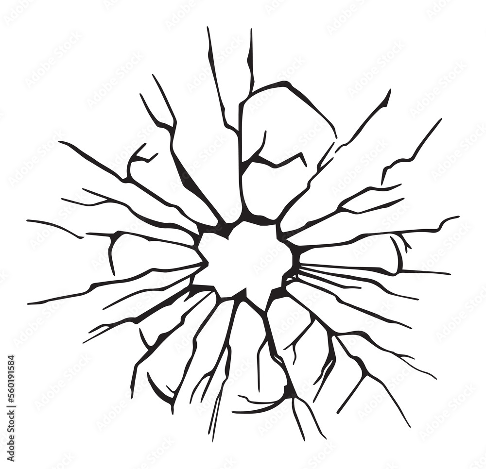 Broken glass effect with cracked hole of bullet shot with shatters. Vector illustration of isolated template design