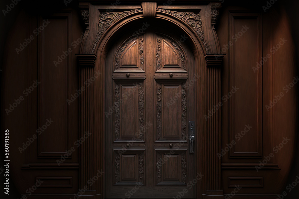 Front picture of a wood door. Generative AI Front picture of a wood door. Generative AI