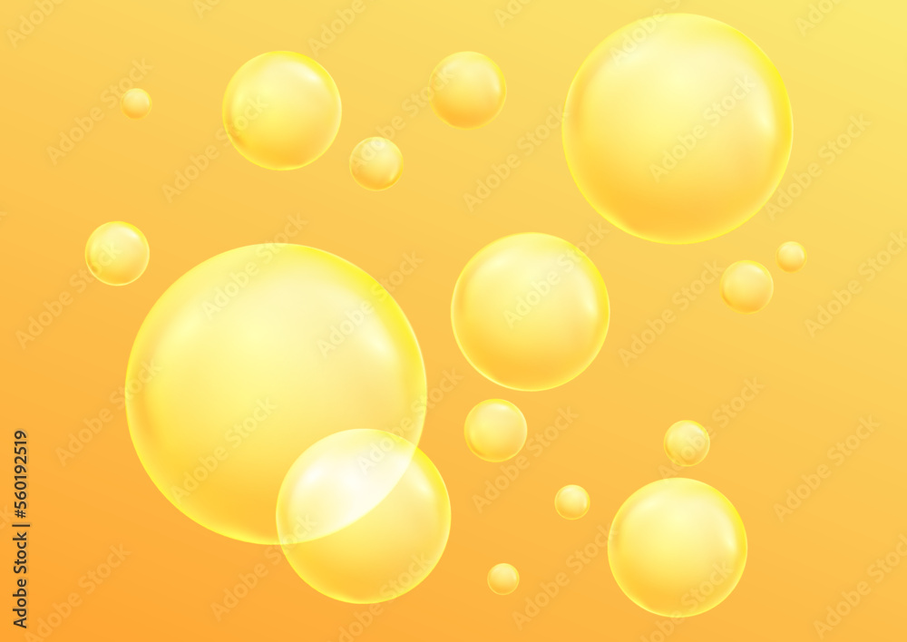Golden, yellow oil drops, bubbles vector illustration on transparent background. Oil and water bubbles background. Golden, yellow oil drops, bubbles vector illustration on transparent background. Oil and water bubbles background.