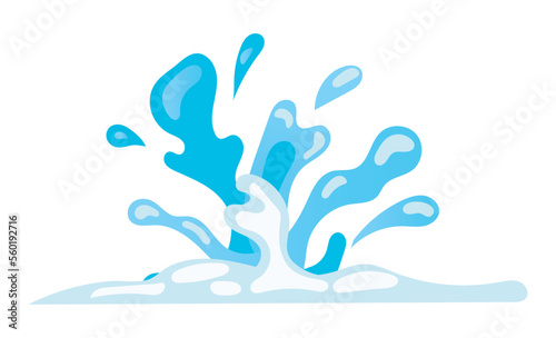 Blue water motion effect with flowing splashes and drops. Vector illustration in comic cartoon design