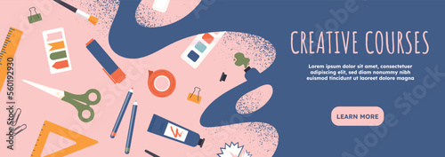 Banner template for creative course. Graphic element for website and landing page design. Abstract patterns and space for text. Template, layout and mock up. Cartoon flat vector illustration