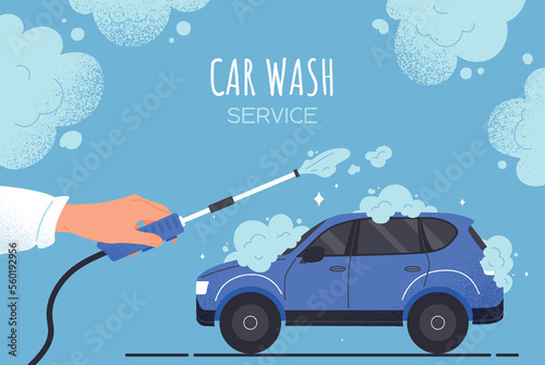 Car wash concept. Hand with hose next to machine, car. Cleanliness and hygiene. Advertising poster or banner for website. Marketing and promotion on Internet. Cartoon flat vector illustration