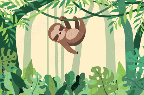 Sloth in jungle. Animal hangs on branch, tropic and exotic. Poster or banner for website. Flora and fauna, wild life and mammal. African savannah and exotic. Cartoon flat vector illustration