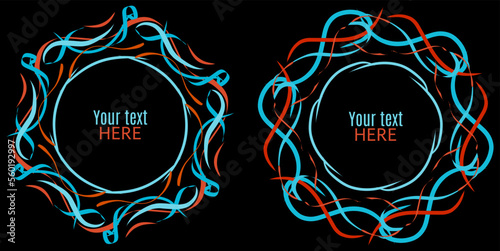 Set of hand painted vector circle blue and red frame borders. Abstract round design element on dark background