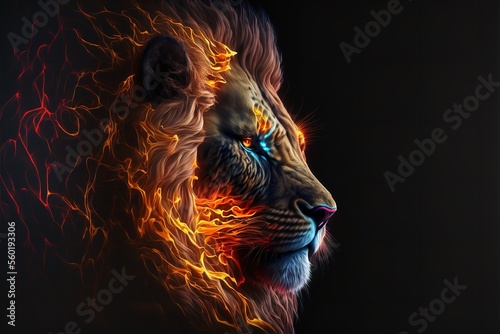 3D digital art of a Lion king in fire Portrait on black background. Generative Ai.
