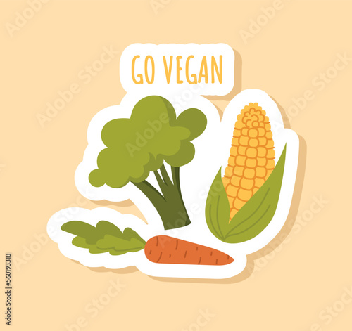 Go vegan badge. Corn, broccoli and carrots. Health care and proper nutrition. Farming and agriculture, harvest. Sticker for social networks and instant messengers. Cartoon flat vector illustration