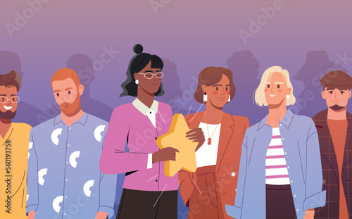 Human uniqueness concept. Men and women with star in their hands. Attention to talents in people, creative personalities. Tolerance and respect, authenticity. Cartoon flat vector illustration