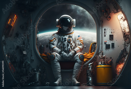 A space astronaut sitting inside a space rocket. Side profile. Generative ai