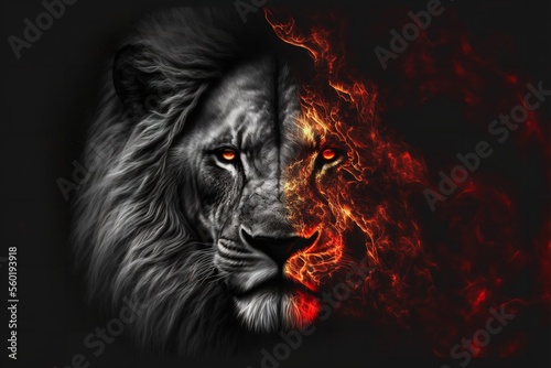 Lion King in Fire  Wild Animal  Portrait on Black Background. Generative Ai