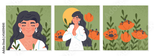 Woman in nature set. Collection of posters or banners for website. Young girl with red flowers and plants. Aesthetics and elegance. Cartoon flat vector illustrations isolated on white background