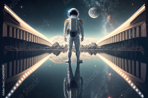 Cosmonaut glances into space, which is filled with billions of stars and galaxies, while standing on a bridge of reflected stars. finding new planets. Generative AI