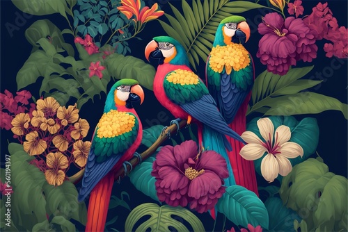 Brightly colored flowers and parrots are displayed in a tropical floral pattern. © Concept Killer
