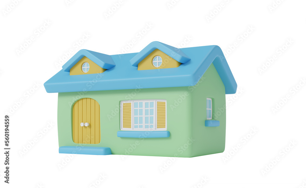 Cartoon style colorful cute yellow house like toy with transparent background 3d render