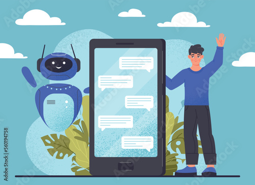 Man with chatbot. Modern technologies and digital world, gadgets and devices. Guy with smartphone. Poster or banner for website. Feedback and answers to question. Cartoon flat vector illustration