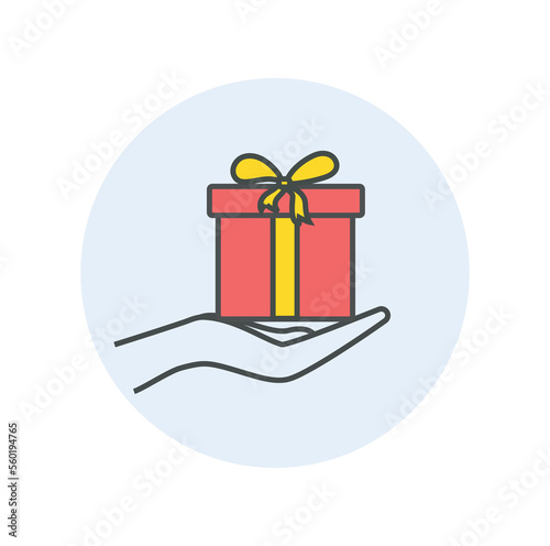 Hand with giftbox color icon. Gift, present and surprise, poster or banner for website. Marketing and advertising, special offer and loyalty program concept. Cartoon flat vector illustration