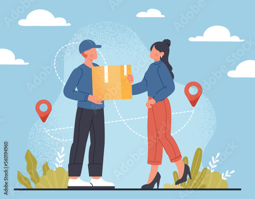 Home delivery concept. Courier with parcel in his hands gives it to girl. Modern technologies, ronloline shopping and electronic payments. Poster or banner for site. Cartoon flat vector illustration