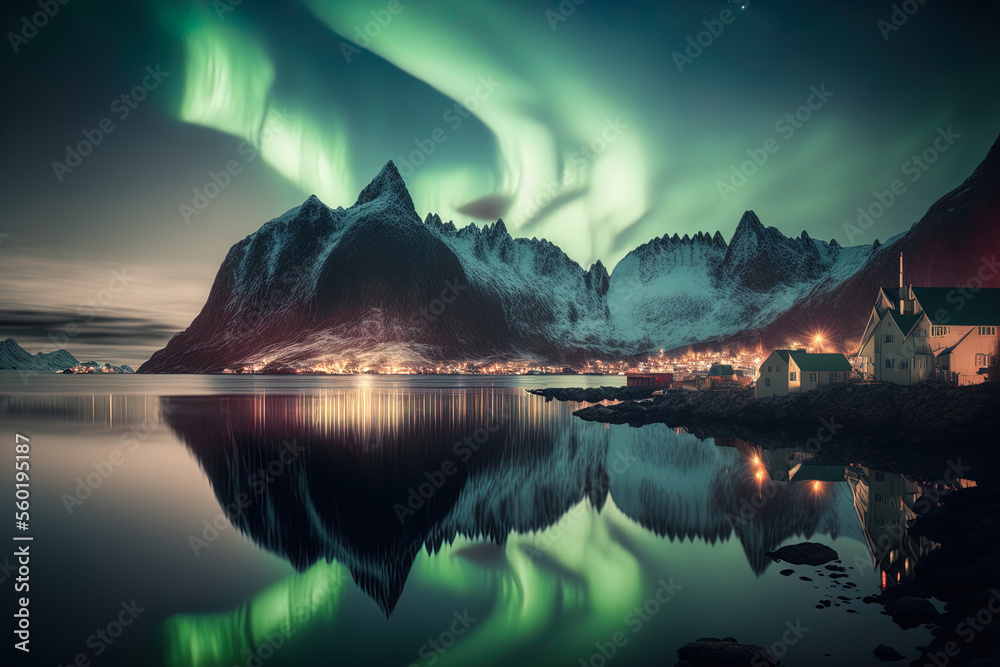 Tromso lofoten Islands in Norway provide stunning nighttime landscape with the aurora borealis. Generative AI