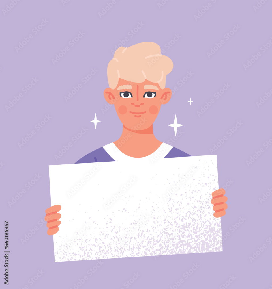 Man holding blank placard. Young guy with white sheet. Activist at rally defends rights, democracy and freedom of speech. Political action and protest concept. Cartoon flat vector illustration