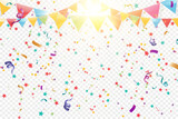 Lots of colorful tiny confetti and ribbons on transparent background. Festive event and party. Multicolor background.Colorful bright confetti isolated on transparent background.