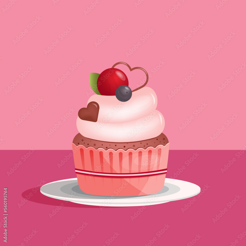 Cupcake with heart shape chocolate and cherry on the plate in flat style isolated on pink background. Love, valentines day concept. Vector illustration Cupcake with heart shape chocolate and cherry on the plate in flat style isolated on pink background. Love, valentines day concept. Vector illustration