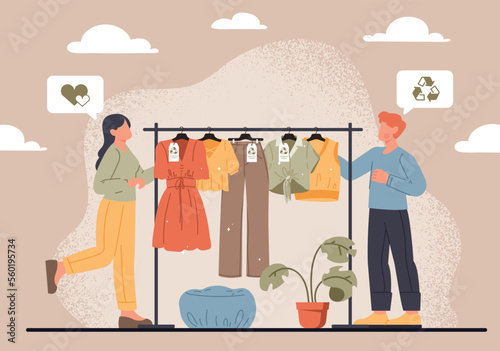 Recycled clothes concept. Eco activists and responsible society, caring for nature and reducing emissions of harmful substances. Zero waste and ecology, fashion. Cartoon flat vector illustration