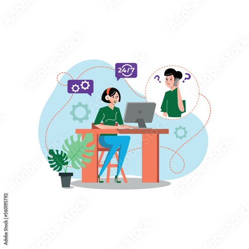 Vector illustration, customer service, hotline operator girl consults a client, online technical support 24/7