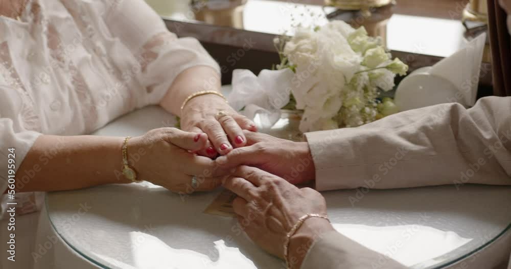 beautiful elderly couple hold hands in a cafe and look lovingly at each other. loving old people. beautiful elderly couple hold hands in a cafe and look lovingly at each other. loving old people.