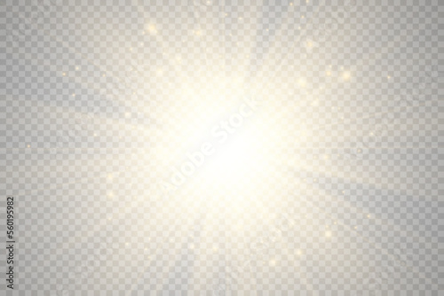 Special lens flash, light effect. The flash flashes rays and searchlight. illust.White glowing light. Beautiful star Light from the rays. The sun is backlit. Bright beautiful star. Sunlight. Glare.