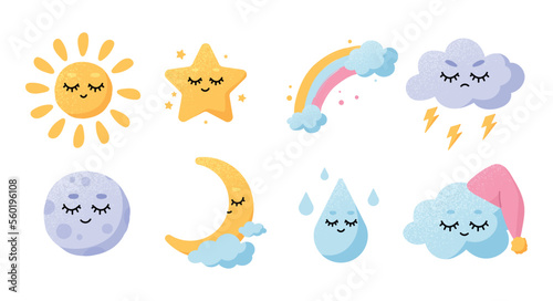 Weather icons set. Collection of stickers for social networks and messengers. Rain, clouds, rainbow, moon and sun. Day and night. Cartoon flat vector illustrations isolated on white background