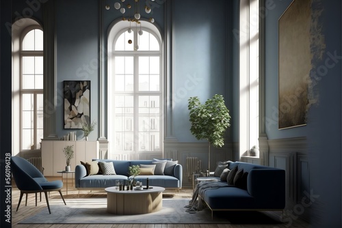 A modern living room, in a minimalist millenium crib, high ceiling and filled with warm blue and white colour as the wall blend in with the design of the furniture. 