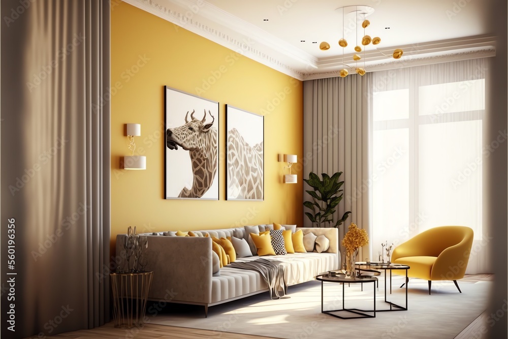 Fototapeta premium A modern living room, in a minimalist millenium crib, high ceiling and filled with warm yellow and khaki colour as the wall blend in with the design of the furniture. 