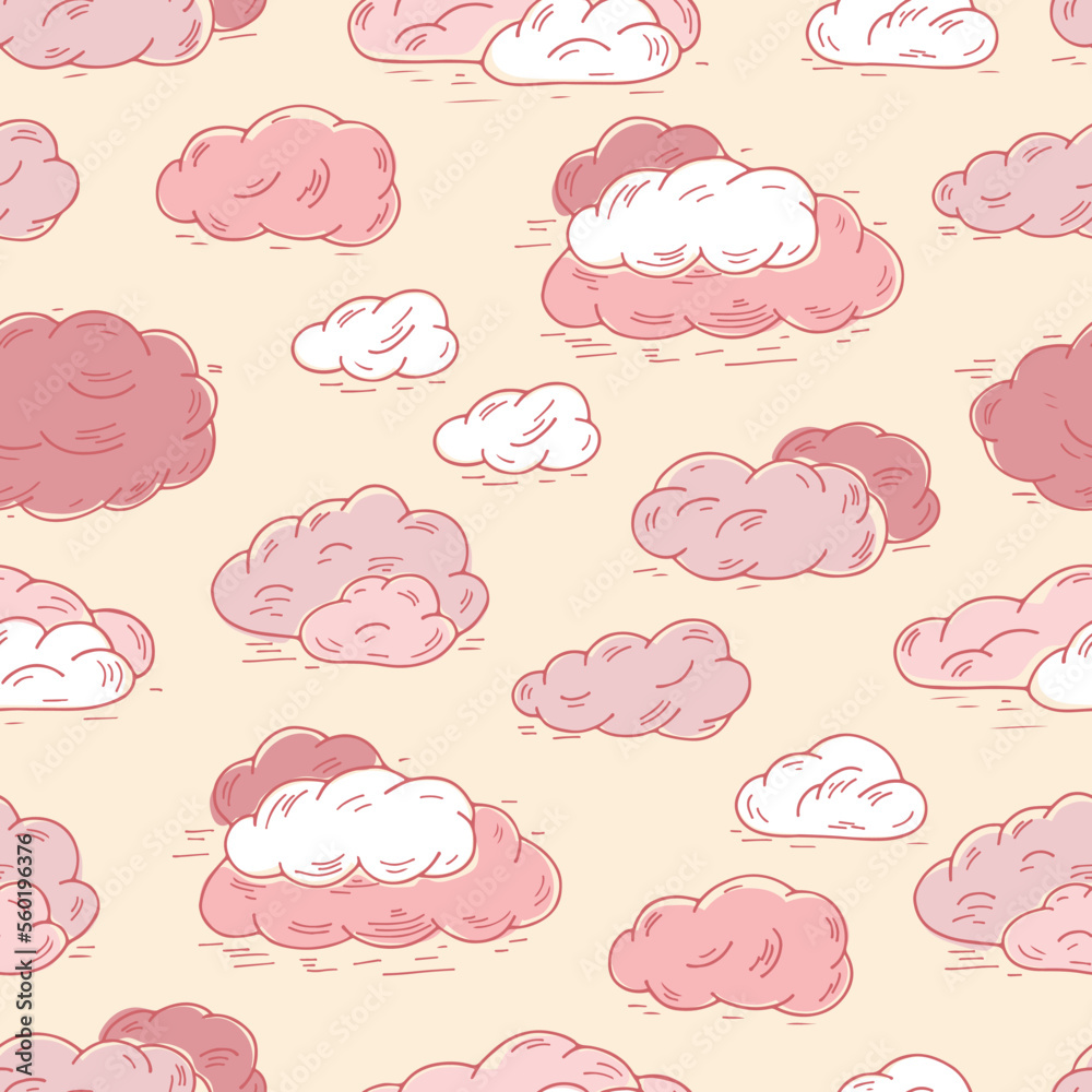 Sky. Pink clouds. Clouds Vector Seamless pattern. Hand Drawn Doodle Clouds.