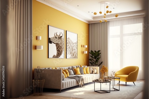 A modern living room, in a minimalist millenium crib, high ceiling and filled with warm yellow and khaki colour as the wall blend in with the design of the furniture.	