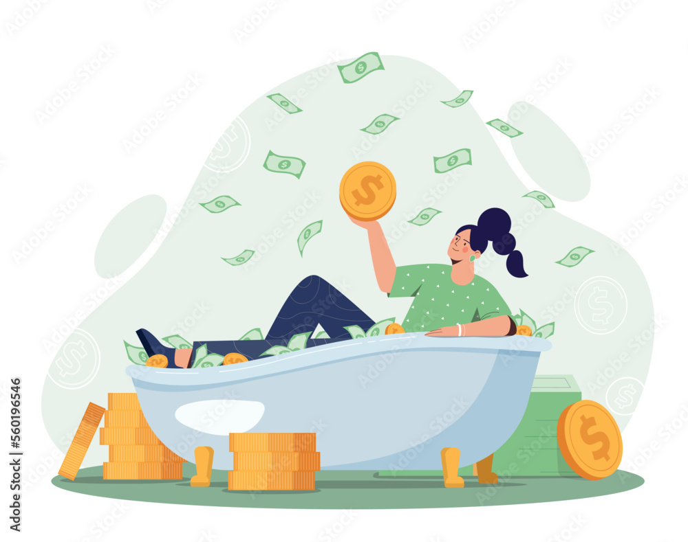 Obraz premium Money bath concept. Woman lies with gold coin in hand. financial literacy and passive income. Poster or banner for website. Successful Entrepreneur os businesswoman. Cartoon flat vector illustration