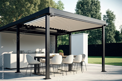 Billede på lærred Modern patio furniture include a pergola shade structure, an awning, a patio roof, a dining table, seats, and a metal grill