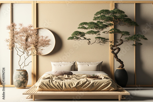 Japanese bedroom interior mock up with zen bed plant and decoration. Generati...