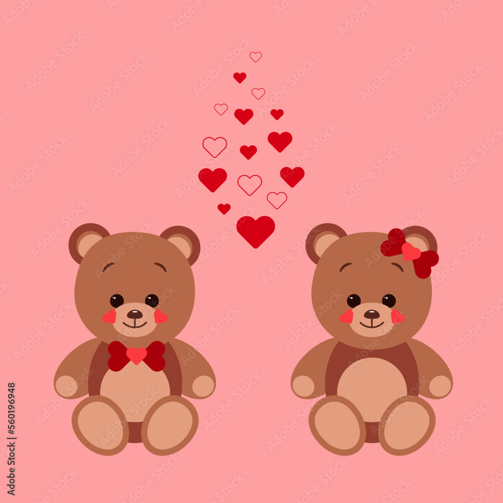 Two teddy bears in love sit between many little red hearts. The concept of Valentine Day. Flat vector illustration isolated on a red background Two teddy bears in love sit between many little red hearts. The concept of Valentine Day. Flat vector illustration isolated on a red background