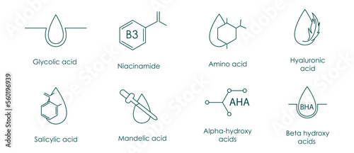 Alpha-hydroxy acids (AHA),
Beta hydroxy acids (salicylic acid), Hydroquinone,
Kojic acid,
Retinol,
L-ascorbic acid (vitamin C),
Hyaluronic acid,
Niacinamide (vitamin B3)