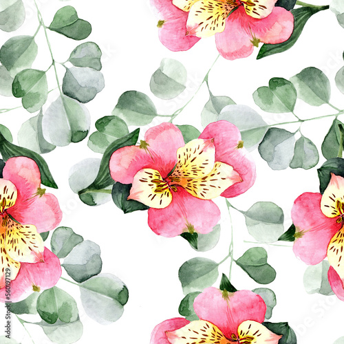 Watercolor alstroemeria flowers and leaves in a seamless pattern. Can be used as fabric, wallpaper, wrap.