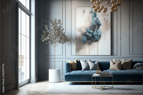 Fotografia A modern living room, in a minimalist millenium crib, high ceiling and filled with warm blue and khaki colour as the wall blend in with the design of the furniture