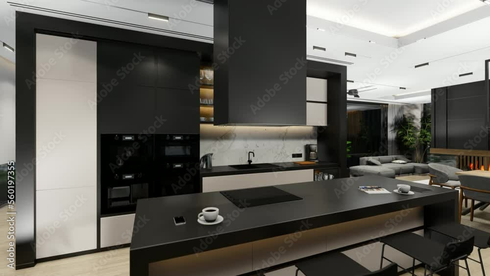 4K video rendering of modern cozy interior with living,dining zone stair and kitchen for sale or rent with wood plank by the sea or ocean. Spacious apartments with expensive furniture and equipment.