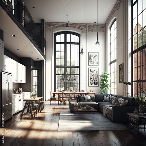 interior design  open plan  kitchen and living room  modular furniture with cotton textiles  wooden floor  high ceiling  large steel windows viewing a city