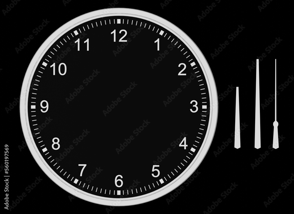 Template wall clock with arrows and numbers isolated on a black background. Simple white clock with cut out pointers to edit time. 3d rendering illustration Template wall clock with arrows and numbers isolated on a black background. Simple white clock with cut out pointers to edit time. 3d rendering illustration