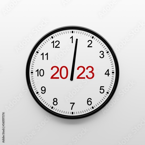 Wall clock months conceptual 3d rendering illustration. Wall clock with year 2023 and months in order from 1 to 12 instead of hours.