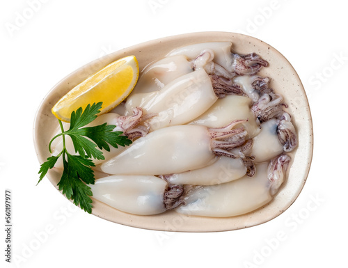 Raw squid fillet and lemon on a plate cutout. Plate of small calamary tubes isolated on a white background. Fresh squids for cooking low calorie healthy dish. Seafood concept.