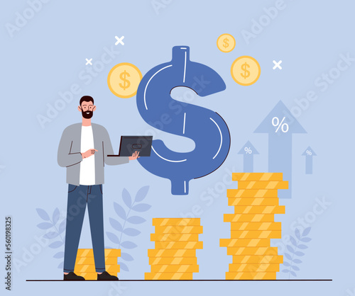 Value of money. Young guy stands next to stacks of gold coins against background of dollar sign. Financial literacy and economics. Investing and trading concept. Cartoon flat vector illustration