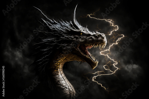 Thunder dragon head on a black background. Generative AI Illistration of ancient dragon on black background. Dragons background. Place for text. © Sergie