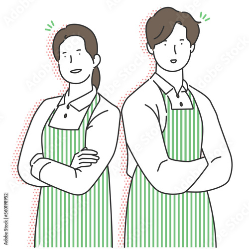 A cafe barista with pride and joy, passion wearing an apron.