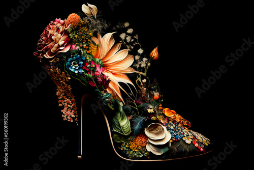 Concept of beautiful high heel shoes made from colorful flowers on black background. Wedding, spring, fashion creative composition as design element, invintation or banner background, Generative AI. photo